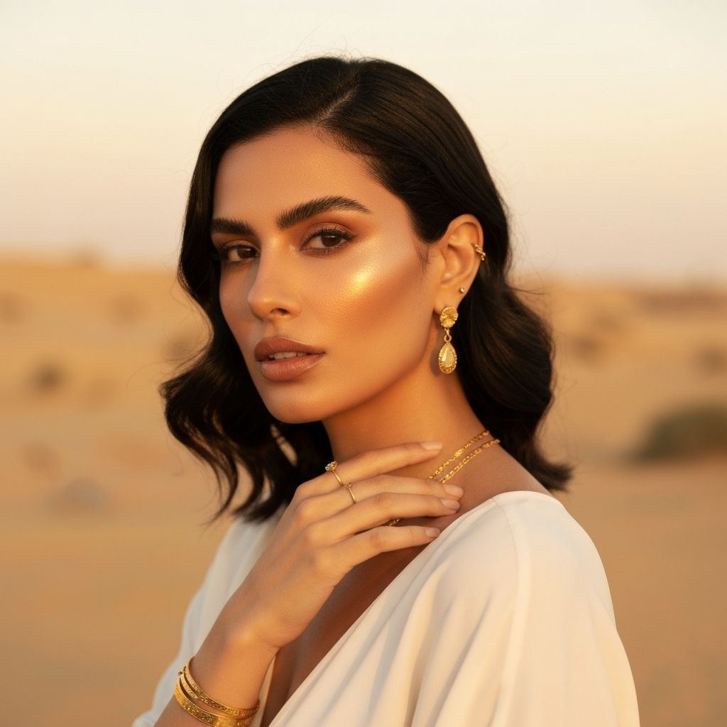 Elegant woman with radiant glowing skin in golden light